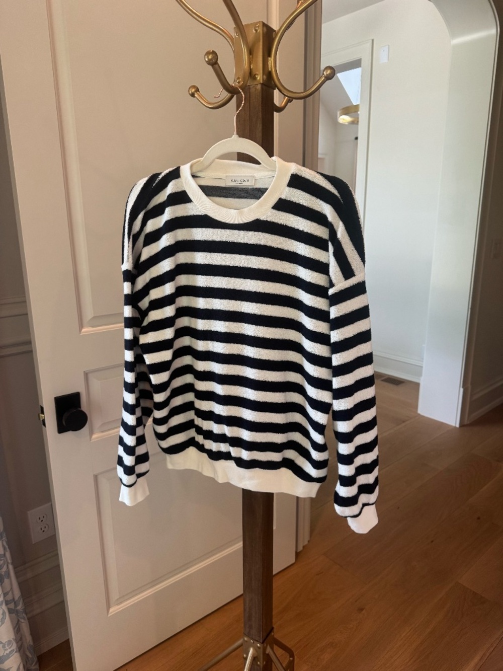 Suzie Kondi Navy White Striped Terry Cloth Lounge Set Sweatshirt & Shorts